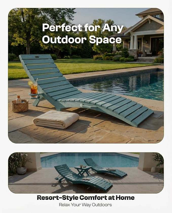 Folding HDPE Pool Lounge Chairs Set of 2, Pre-Assembled Outdoor Chaise Lounge - Image 7