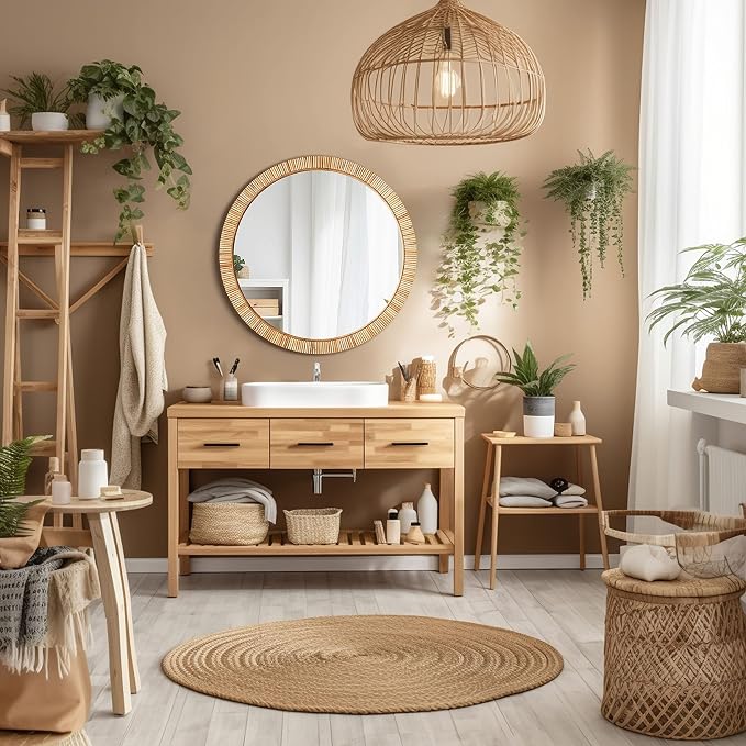 Barnyard Designs Round Rattan Wall Mirror, Natural Tan Woven Rattan Frame - Image 5