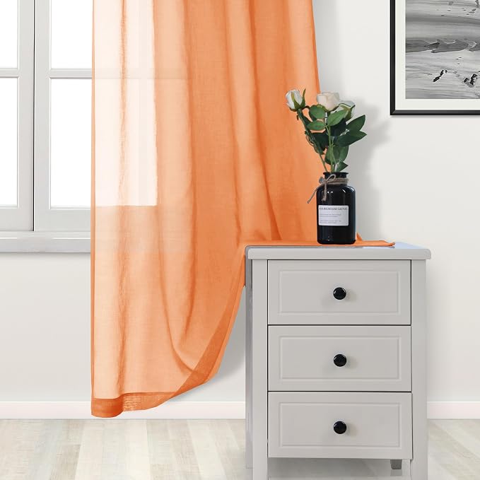 DWCN Sheer Orange Curtains 63 inch Length 2 Panels Set, Rod Pocket Solid Color - Image 3