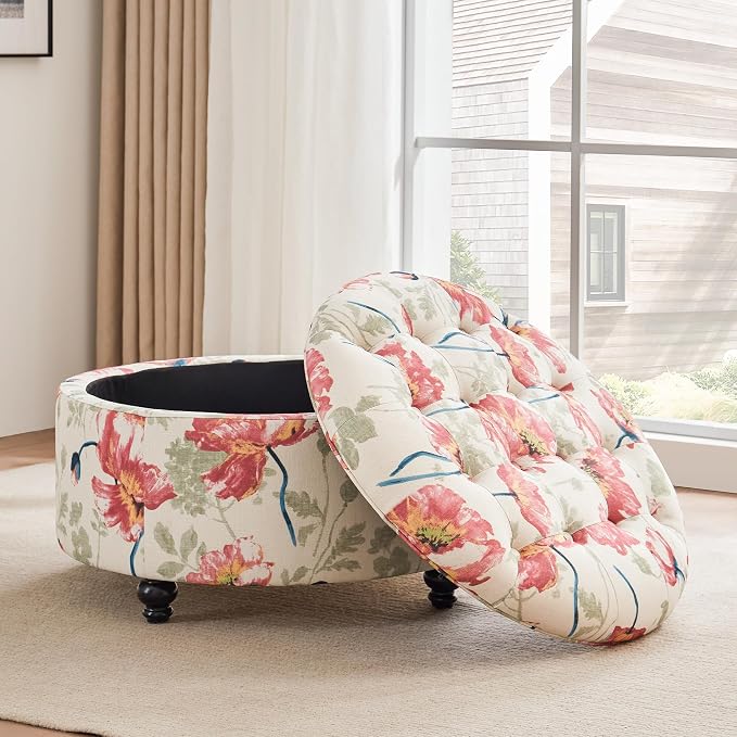 HUIMO 30-Inch Round Storage Ottoman, Modern Button Tufted Ottoman Coffee Table - Image 5