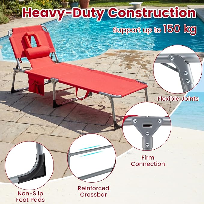 Goplus Tanning Chair, Folding Adjustable Patio Lounger w/Face Arm Holes - Image 7
