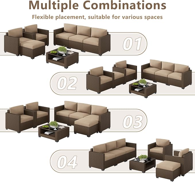 LOUVIXA 7 Piece Outdoor Patio Furniture Set, Rattan Chairs Glass Table Wicker - Image 4