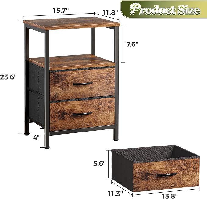 Huuger Night Stand with 2 Drawers, Bed Side Table with Open Shelf, Wooden Top - Image 3