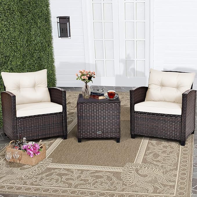 HAPPYGRILL 3 Pieces Patio Conversation Set, Outdoor Furniture Set PE Rattan - Image 3