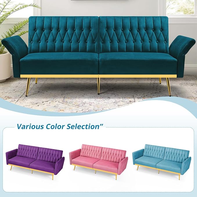 70” Velvet Futon Sofa Bed w/Adjustable Armrests and Backrest, Convertible Futon - Image 7