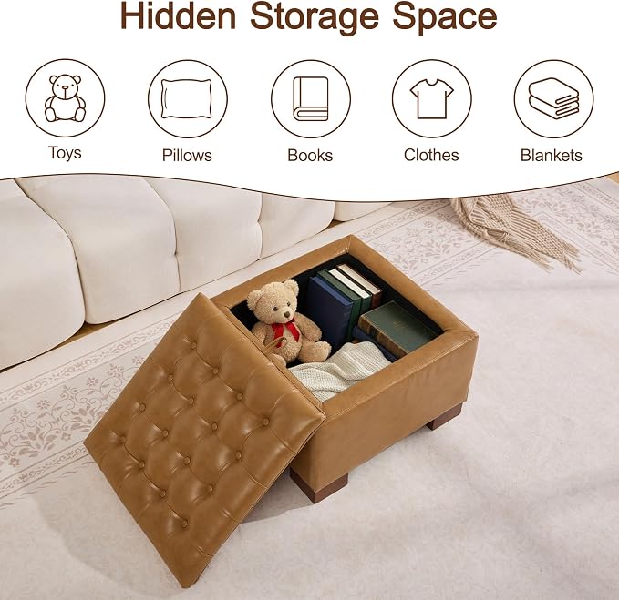 WUTUTUEE 24" Faux Leather Square Storage Ottoman - Image 7