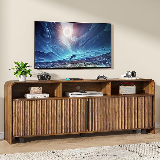 Fluted TV Stand for 75 65 80 Inch TV, 70 Inch Long Walnut Entertainment Center by Woemtoric