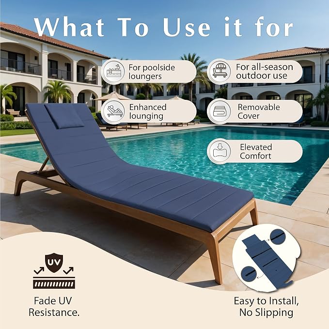 Quilted Chaise Lounge Outdoor Patio Furniture Cushions | Water-Resistant Patio - Image 7