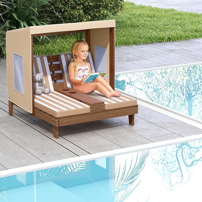 HONEY JOY Kids Chaise Lounge Chair Outdoor, Toddler Wood Double Pool Lounger - Image 9