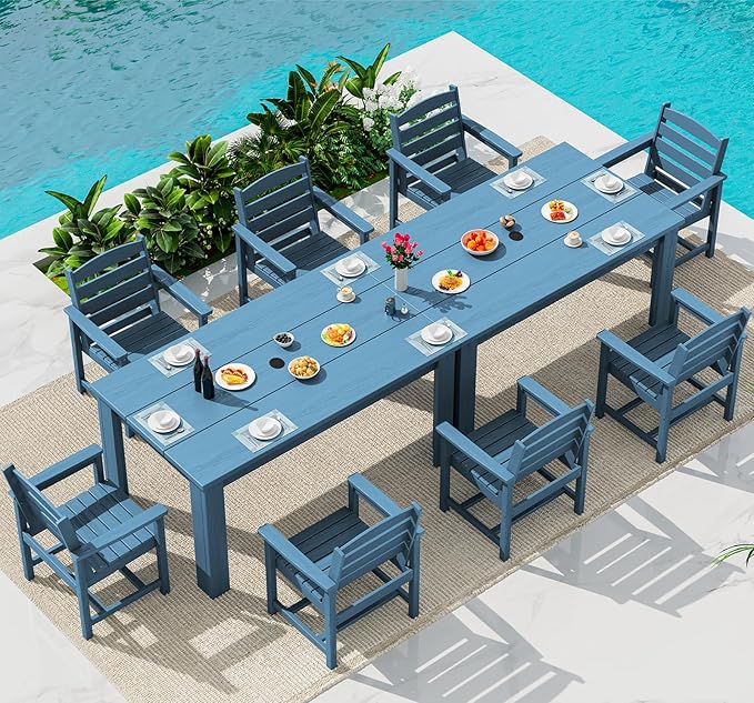 SERWALL HDPE Dining Set for 8: 2 Umbrella Hole Tables + 8 Chairs. Includes 8 by SERWALL