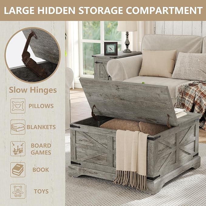 Furnideco Farmhouse Lift Top Coffee Table, Square Wood Center Table - Image 8