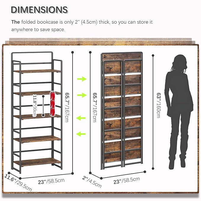 4NM No Assembly 5 Tiers Folding Bookshelf Storage Shelves Vintage Bookcase - Image 2