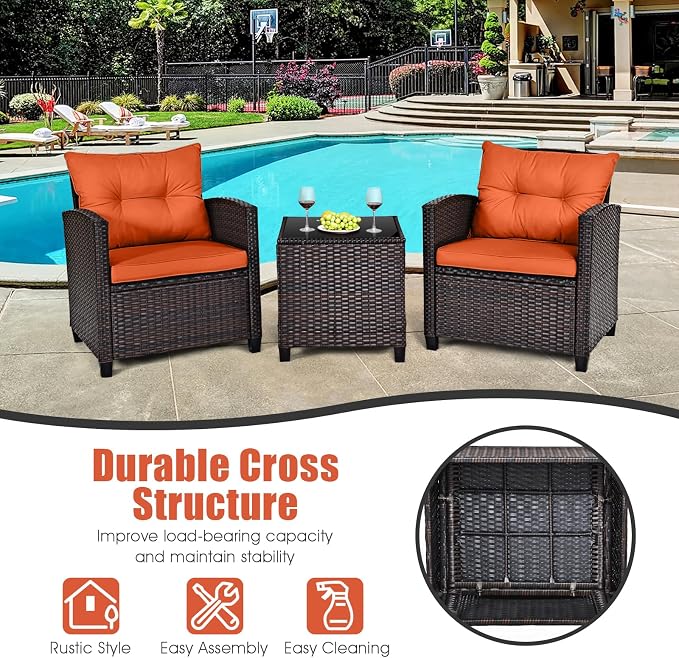HAPPYGRILL 3 Pieces Patio Conversation Set, Outdoor Furniture Set PE Rattan - Image 7
