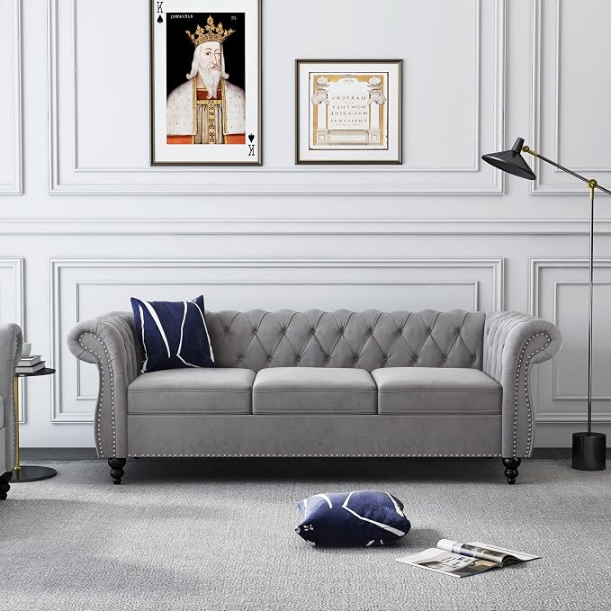 2 Piece Living Room Set, Velvet Chesterfield Sofa Couch Chair - Image 3