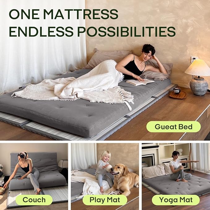 ZonLi Japanese Floor Futon Mattress Queen Size 80"x 60", 100% Cotton Cover 4'' - Image 5