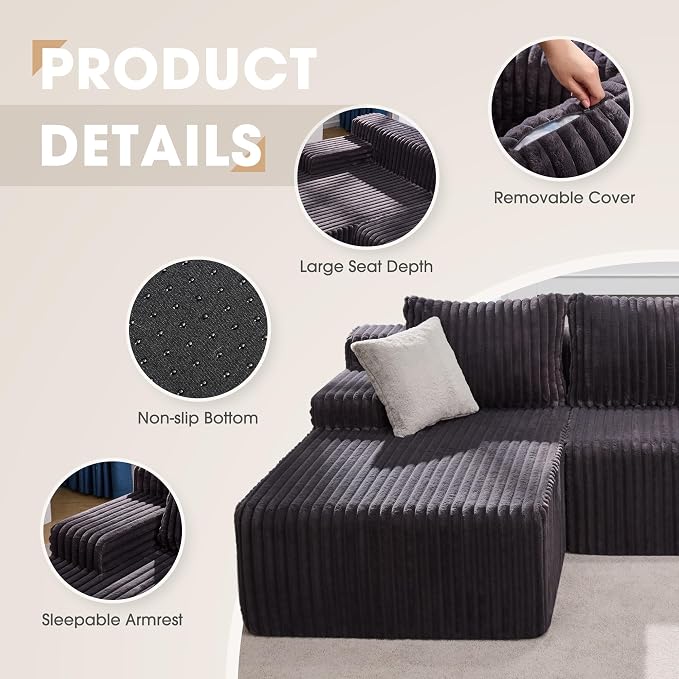 Hobestluk Modular Sectional Sofa Couches L-Shape Couch 3 Seat Modular Sofa - Image 6
