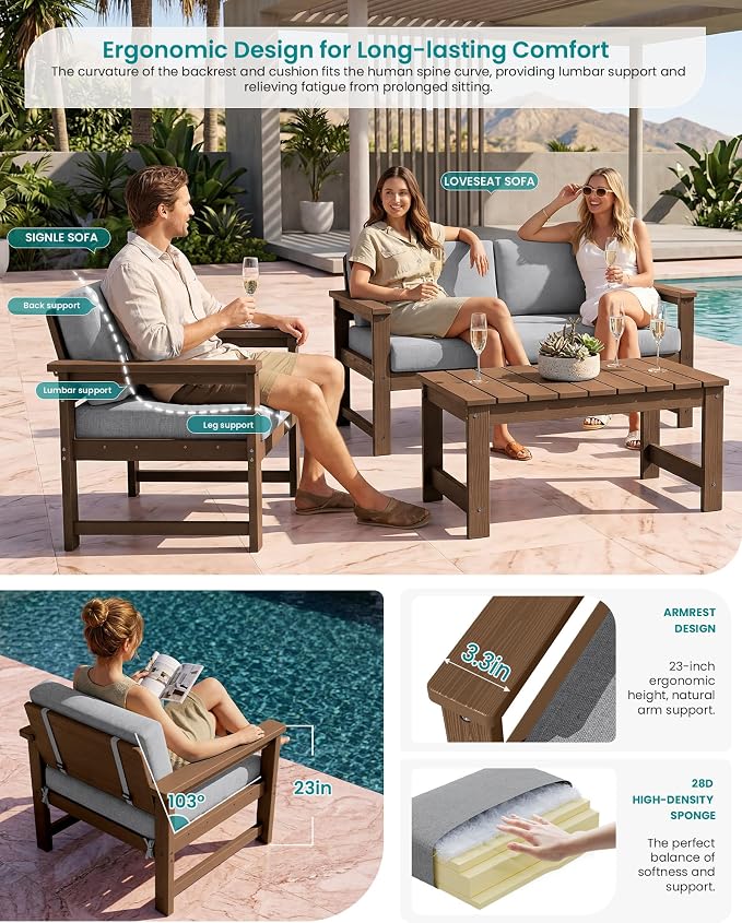 SERWALL 2 Pieces Single Cushioned Lounge Chair, HDPE Outdoor Adirondack Sofa - Image 2