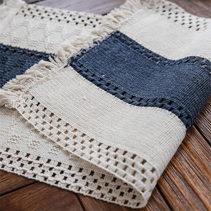 Macrame Table Runner Cream Beige and Blue Boho Table Runners - Image 2