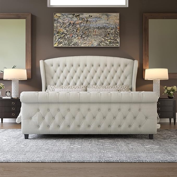 AMERLIFE King Size Platform Bed Frame, Chenille Upholstered Sleigh Bed - Image 3