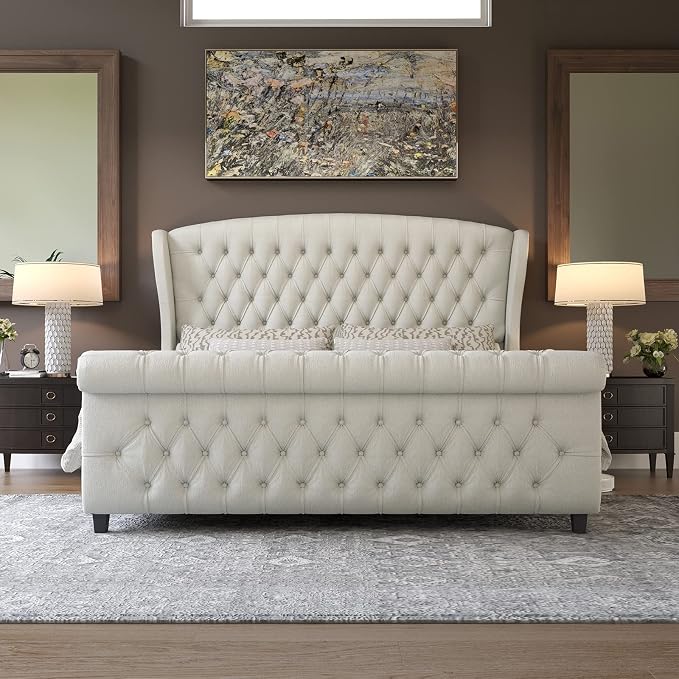 AMERLIFE Queen Size Platform Bed Frame, Chenille Upholstered Sleigh Bed - Image 3