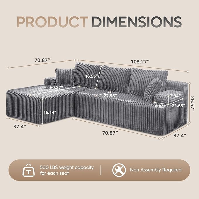 Hobestluk Modular Sectional Sofa Couches L-Shape Couch 3 Seat Modular Sofa - Image 2