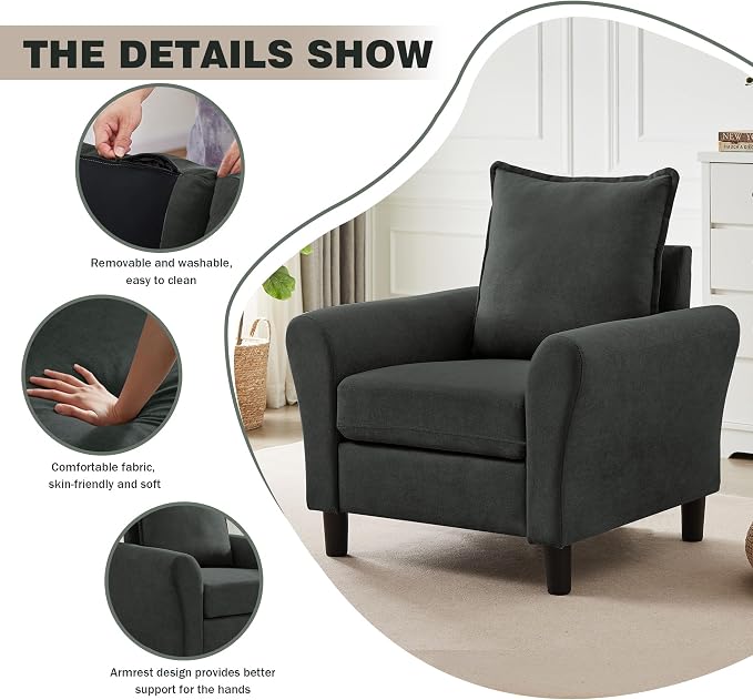 Mid-Century Accent Chairs Set of 2, Modern Linen Fabric Armchair - Image 5