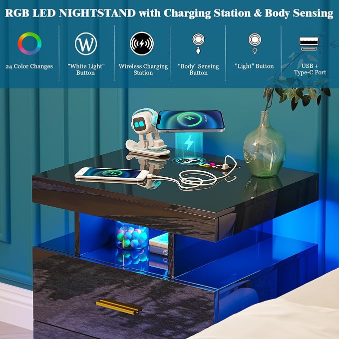 WOOVIVS Night Stand with Light, High Gloss Nightstand with USB/Wireless - Image 7