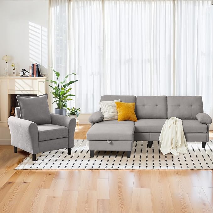 2PCS Sectional Sofa Set with Ottoman, Modern Linen 4 Seater Couch Set with Side - Image 7
