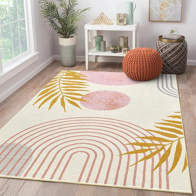 RoomTalks Cute Pink Nuresry Rug Washable, Boho Modern Contemporary Aesthetic by RoomTalks