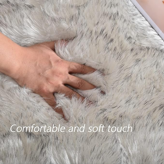 Latepis White and Grey Faux Fur Rug 3x5 Area Washable Fluffy Rugs - Image 4