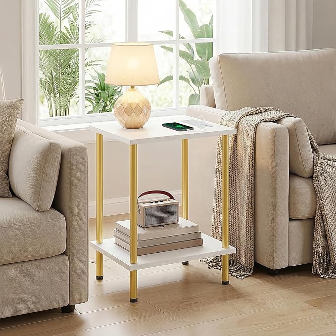 HOOBRO Side Table with Charging Station, Nightstand with 2-Layer Storage Shelves - Image 5