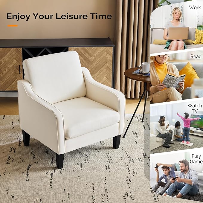 VINGLI Beige Accent Chairs for Living Room, Line Comfy Upholstered Chair Mid - Image 8