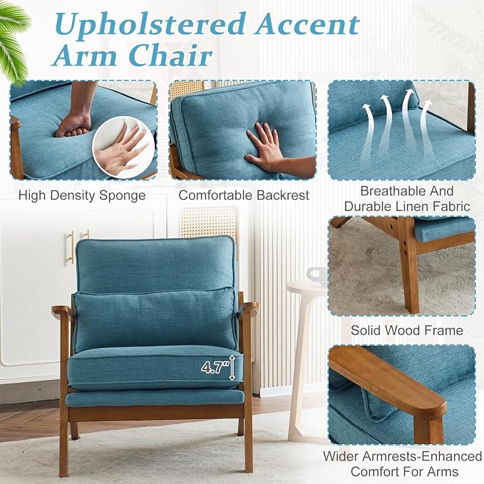 VINGLI Solid Wood Wide Armrests Accent Chair Set of 2, Upholstered Mid Century - Image 5