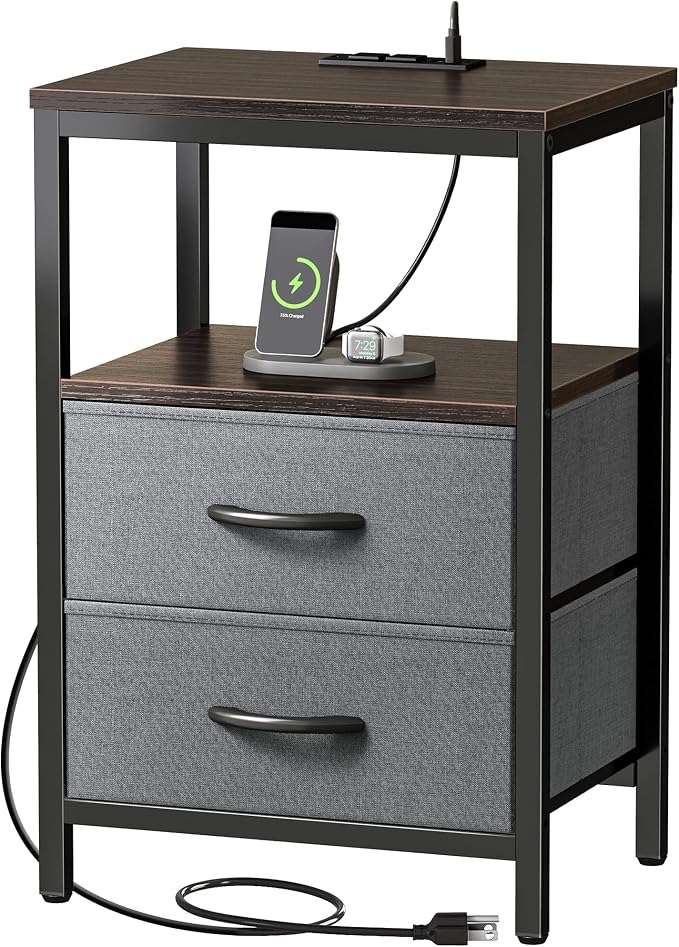 Huuger Nightstand with Charging Station, Fabric Drawers, End Table with Open - Image 9