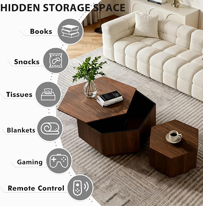 Hexagonal Nesting Coffee Tables Set of 2, Walnut Coffee Table - Image 4