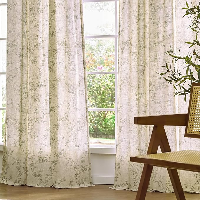 Lazzzy Linen Farmhouse Curtains Green Floral Curtains 63 Inch Length Back Tab - Image 7