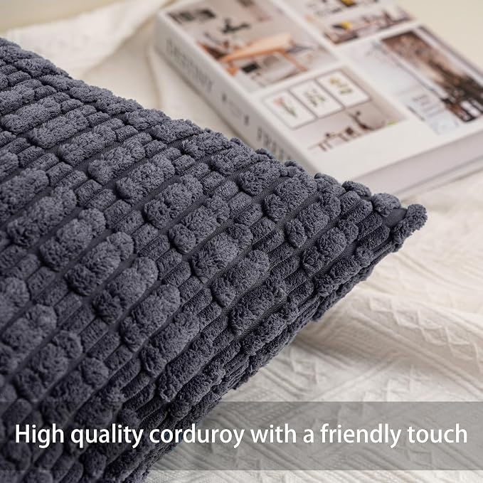 Pack of 2 Corduroy Decorative Throw Pillow Covers 16x16 Inch Soft Striped - Image 2