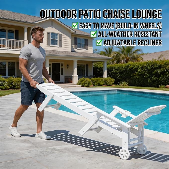 Outdoor Lounge Chair, HDPE 4-Position Adjustable Chaise Lounge Outdoor - Image 4