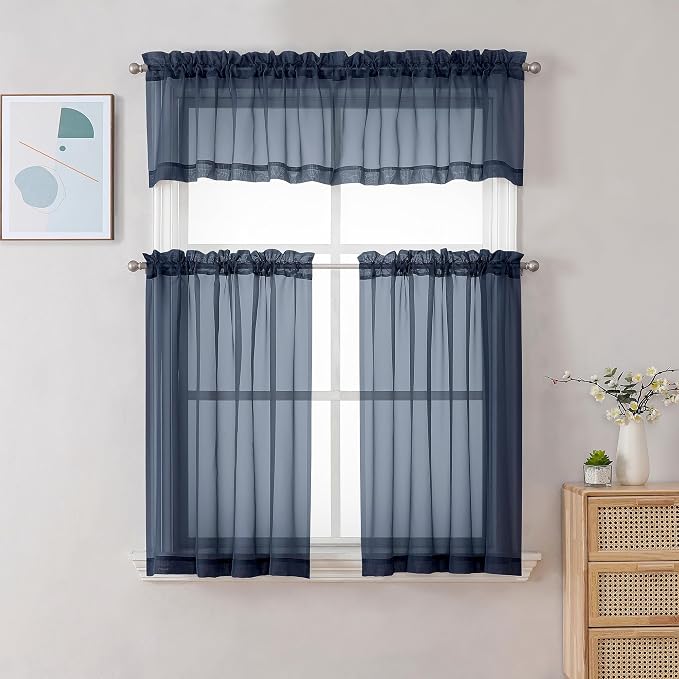 Gwine Navy Blue Sheer Curtain Tiers 24 Inch Length, Light Filtering Voile Short - Image 2