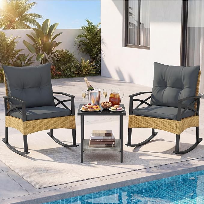 Tangkula 3 Pieces Outdoor Rocking Chairs Set, Rattan Heavy Duty Cushioned - Image 3