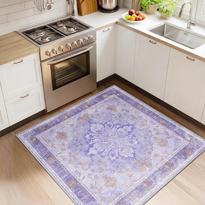 RELEANY Area Rugs Square 4ft Washable Non-Slip, Floral Vintage Distress Print by RELEANY