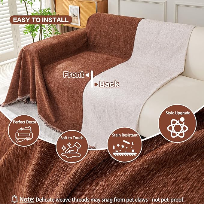 DREAMINGO Chocolate Brown Couch Cover Chenille Sofa Covers - Image 3