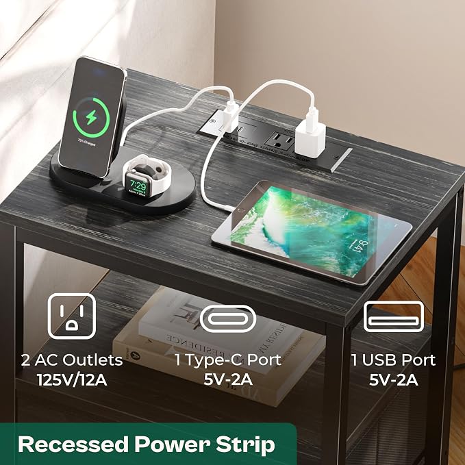Huuger Nightstand with Charging Station, Fabric Drawers, End Table with Open - Image 3