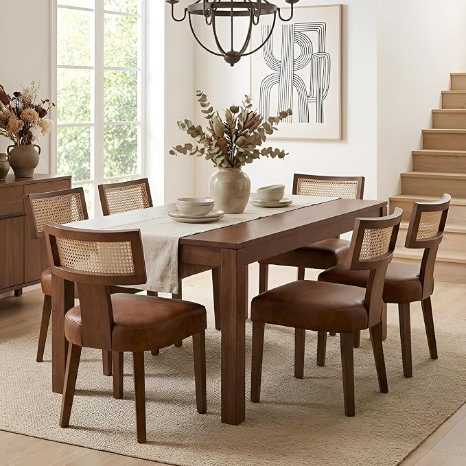 HNY Mid Century Modern Rattan Dining Chairs Set of 6, Farmhouse PU Leather by HNY