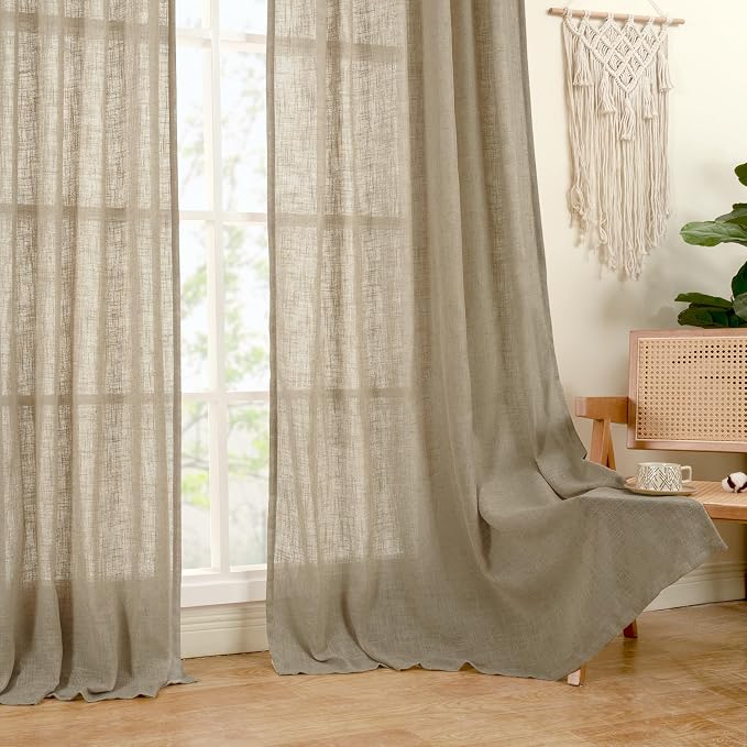 LAMIT Taupe Linen Curtains 54 Inch Length 2 Panels, Light Filtering Panels Back - Image 9