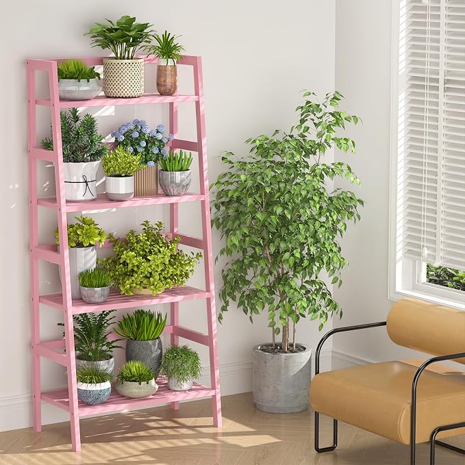 Homykic Bamboo Ladder Bookshelf, 4-Tier Ladder Shelf Open Book Shelf - Image 6