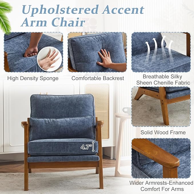 VINGLI Solid Wood Wide Armrests Accent Chair Set of 2, Upholstered Mid Century - Image 5