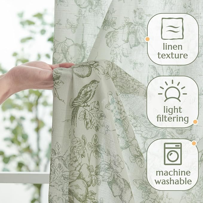 jinchan Linen Floral Curtains for Living Room 63 Inch Long Sage Green Printed - Image 3