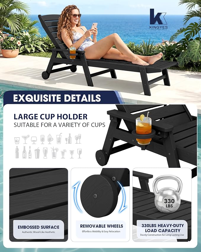 KINGYES HDPE Lounge Chair Outdoor Set of 2, Patio Chaise Lounge Recliner - Image 4