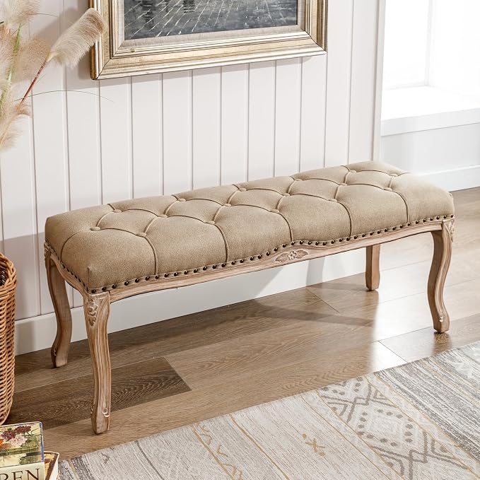 Cozyman Bedroom Bench, French Vintage Tufted Entryway Bench, 45.2" Carving - Image 9